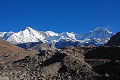 
The long ridge between Cho Oyu (8201m) and Gyachung Kang (7952m) dominates the view north from the fourth Gokyo Lake north of Gokyo.
